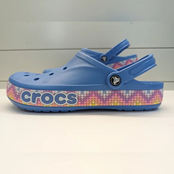Crocs Bayaband Chevron Band Clogs Blue Multicolor swirl trim Sandals Men's 11